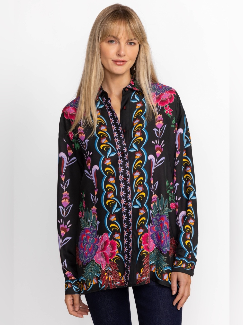 Johnny Was Jade Rosalynda Button Down Shirt Silk Blend